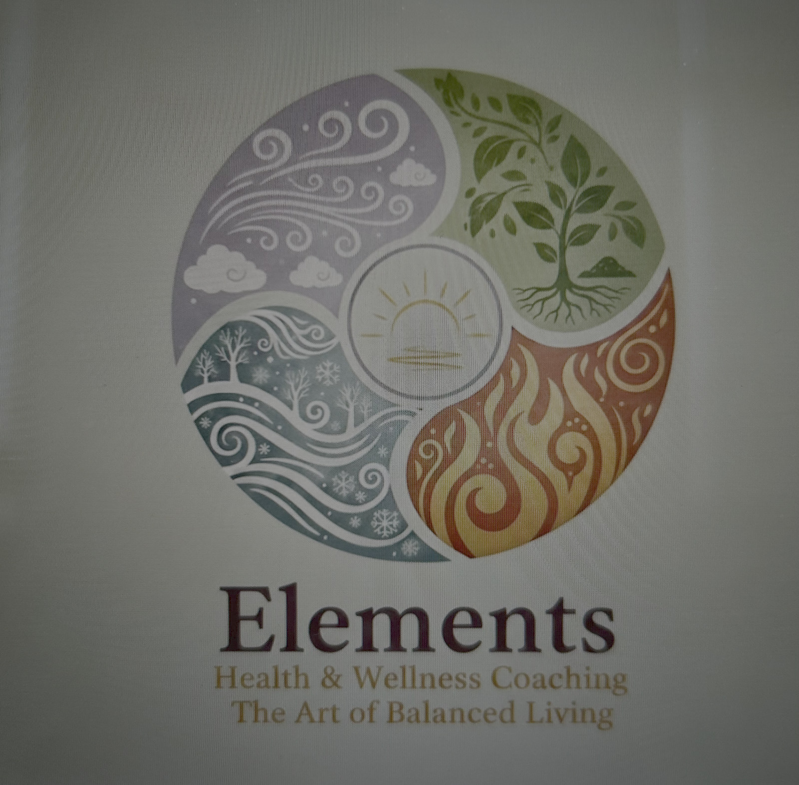 Elements mandala — Earth, Air, Fire, Water around a centred sun